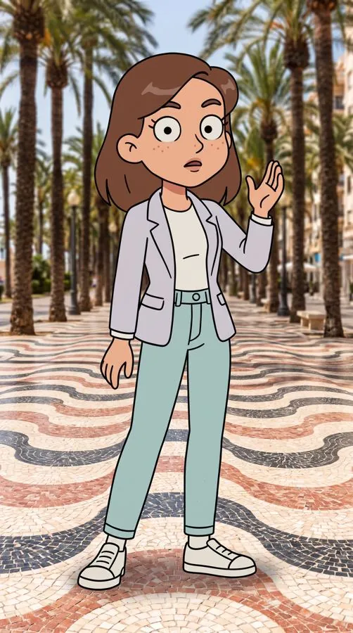 María, personaje de caricatura con americana gris, en el paseo de la Explanada de Alicante